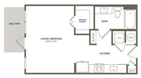 Floor plan for studio, 1 bath, 525 sqft